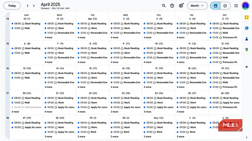 google calendar showing tasks for the month of april