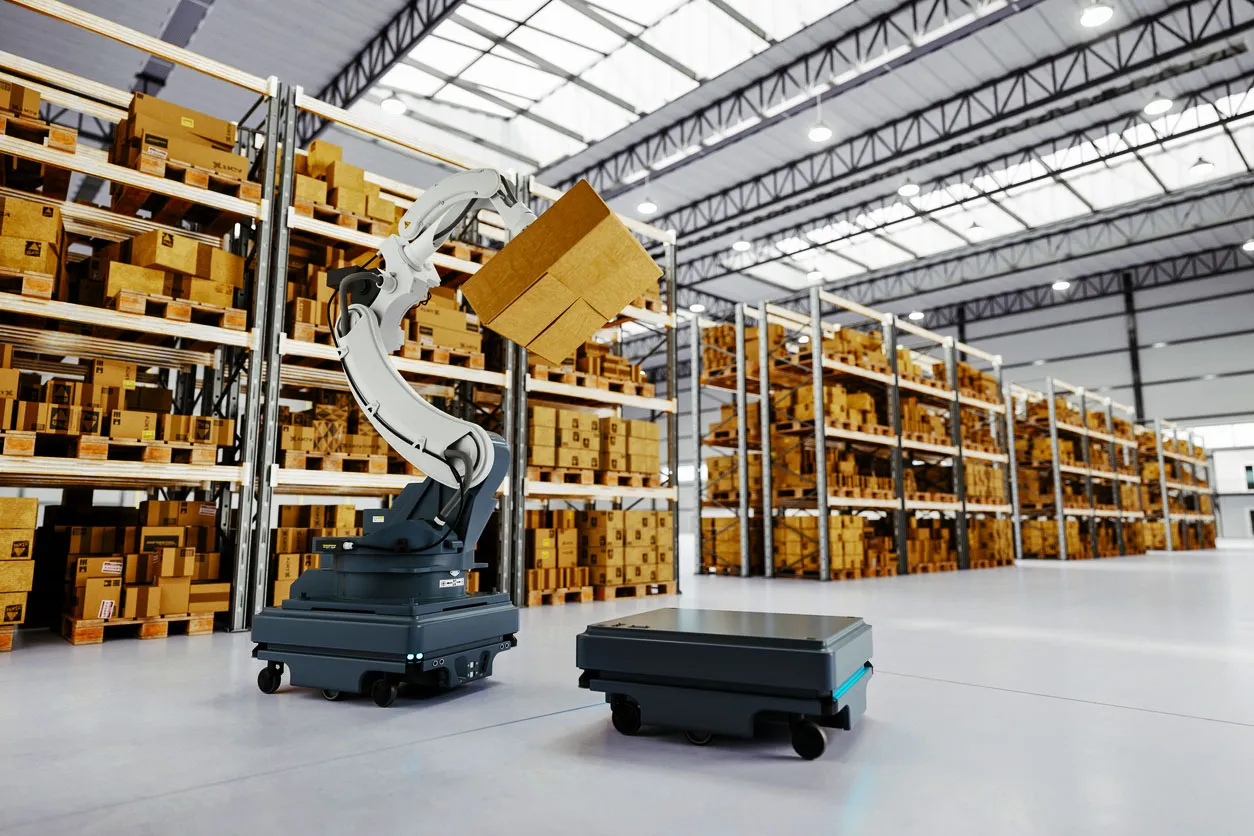 Robot dan rak tinggi di gudang logistik modern sumber knowhow distrelec com