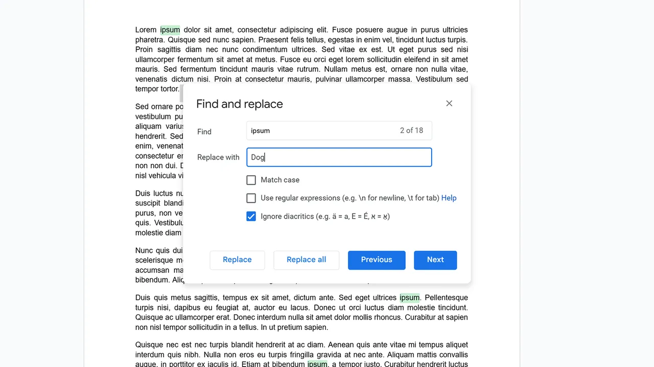google docs find and replace