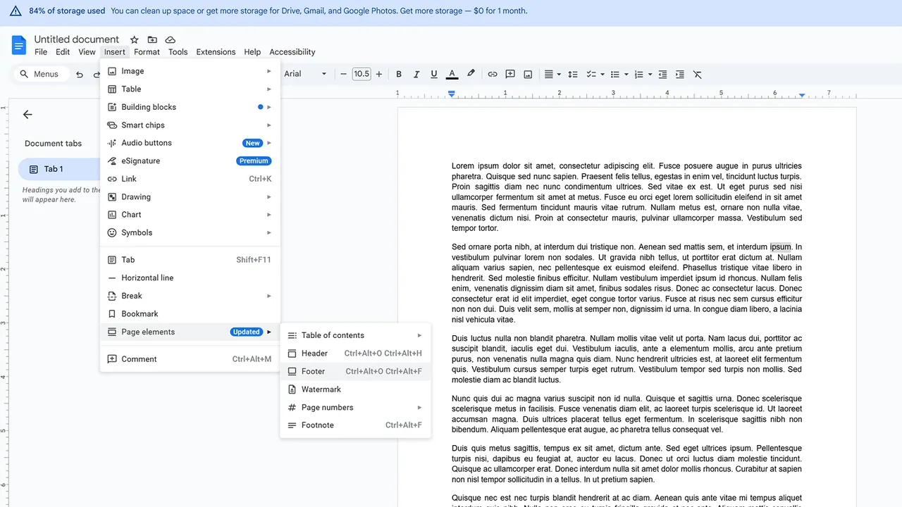 google docs headers and footers