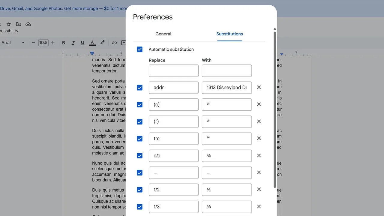 google docs substitutions