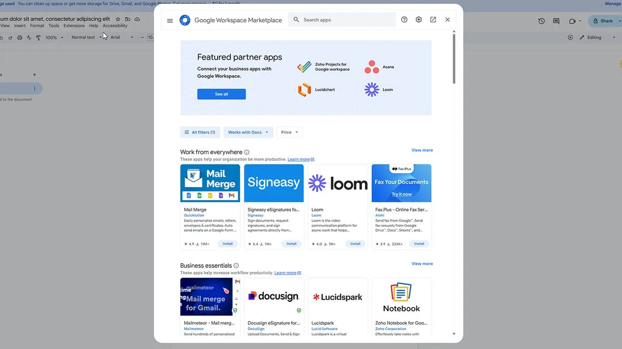 google docs marketplace