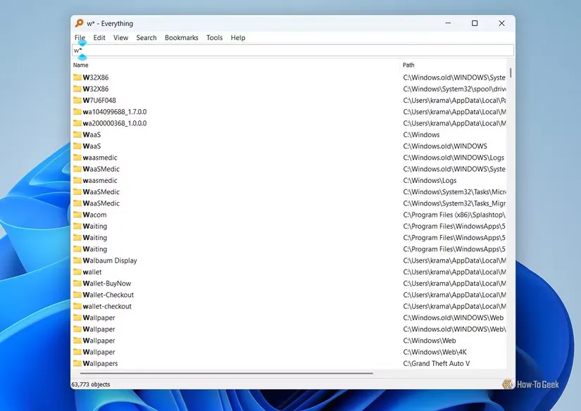 searching for files starting with w in the everything app 1