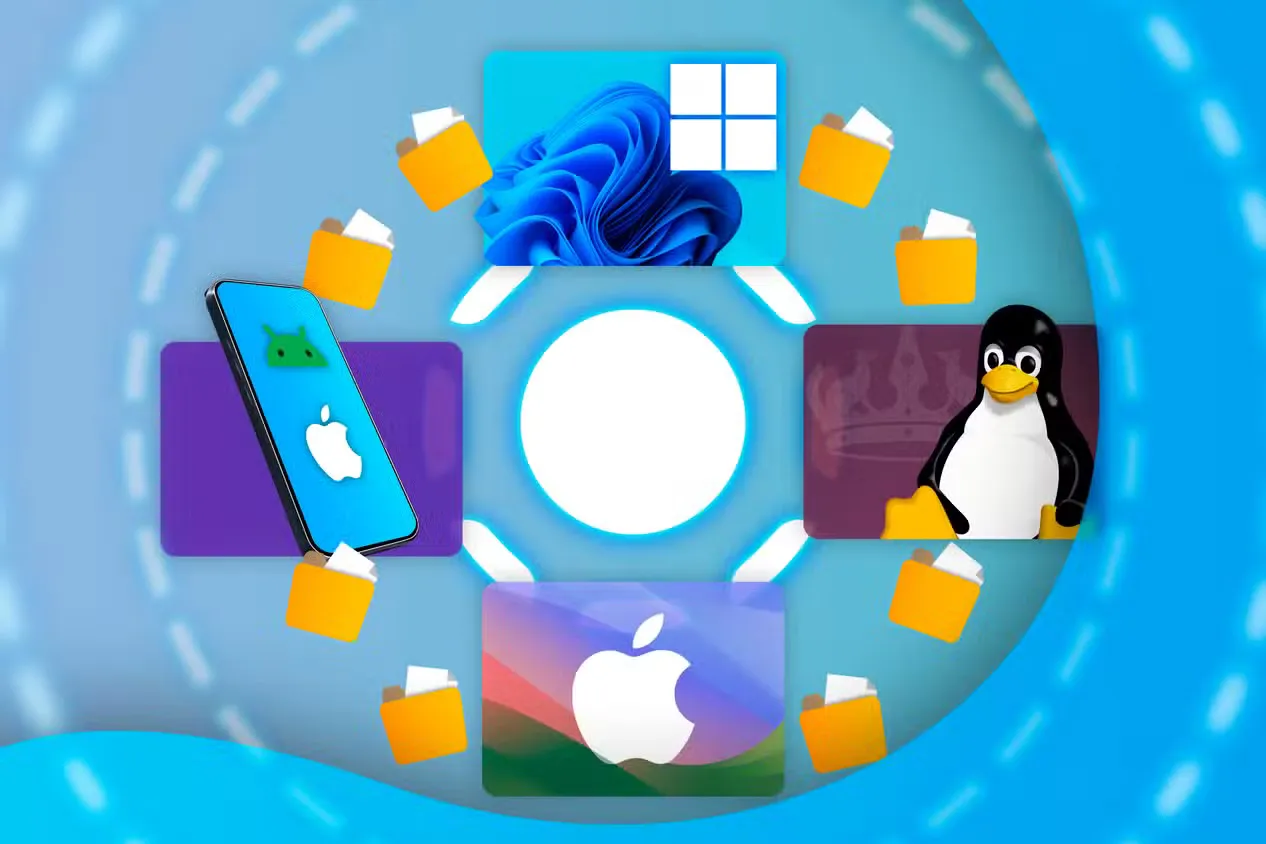 windows linux mac logos and a mobile device with apple and android logos with the localsend logo in the center of the screen and files being transferred