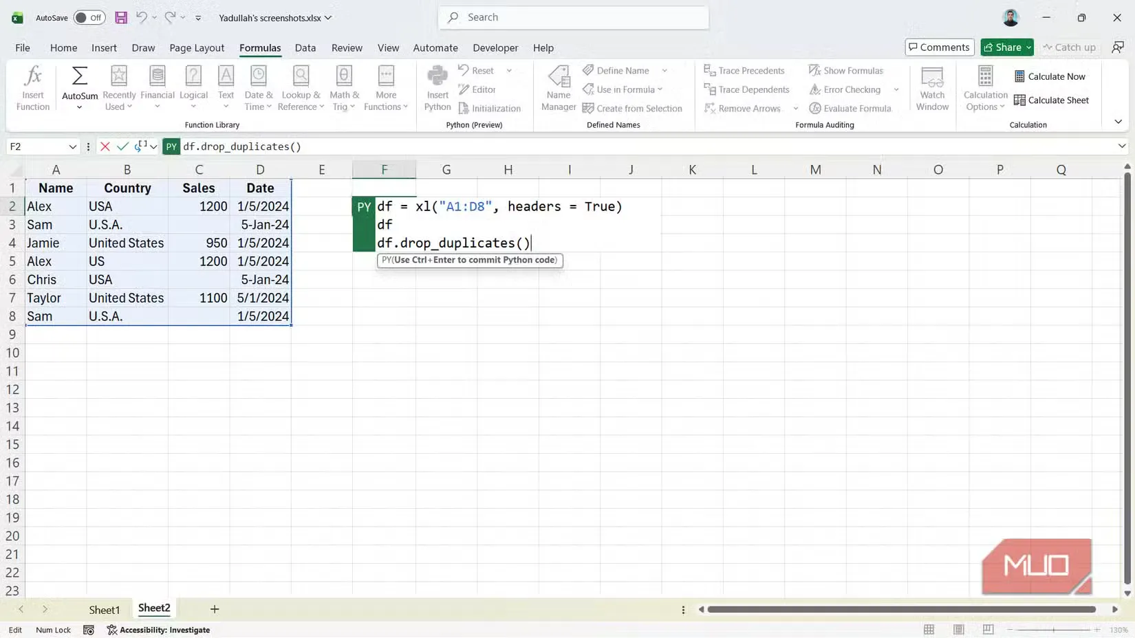 duplicate removal python code in excel