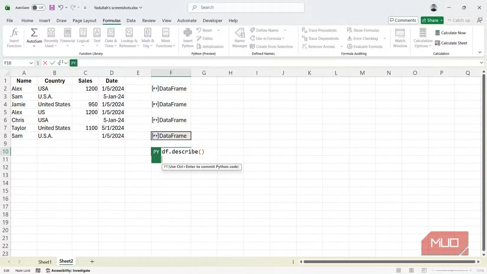 07 data describing python code in excel