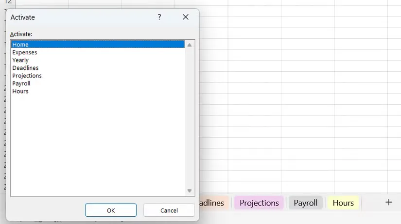 01b the activate dialog in the bottom left corner of the excel window