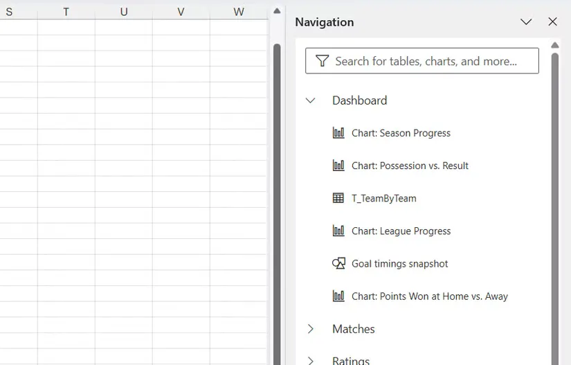 02a an excel navigation pane sidebar displaying a searchable tree view of workbook elements including charts like season progress and tables like t teambyteam