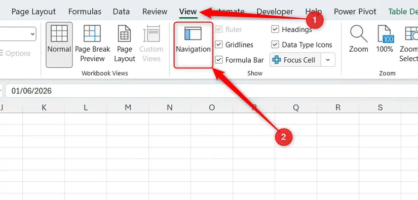 02b the button to activate and deactivate the navigation pane in the view tab of microsoft excel