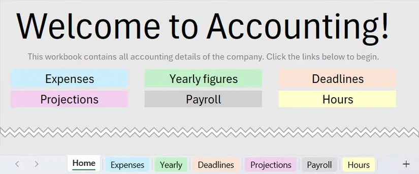 03a an excel homepage worksheet featuring a colored navigation banner with buttons that link to corresponding worksheet tabs