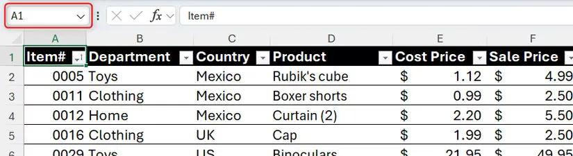 04a an excel spreadsheet showing a table of product data with the name box in the top left corner displaying a1 for the currently selected cell