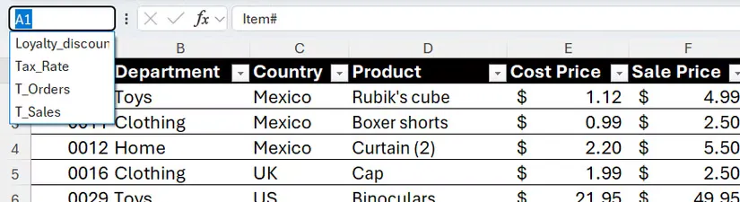 04b an excel spreadsheet with the name box drop down menu open showing a list of defined named ranges like loyalty discounts tax rate and t orders