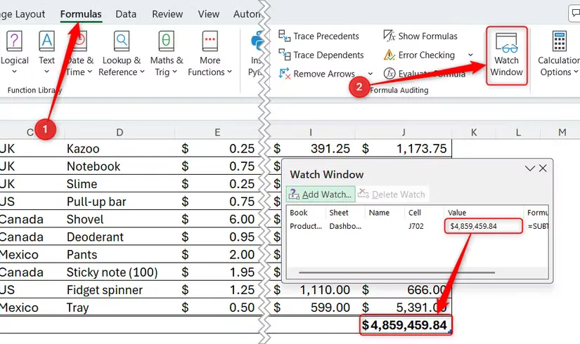 05a excel s watch window accessed via the formulas tab alongside a floating watch window tracking a specific currency value from the spreadsheet