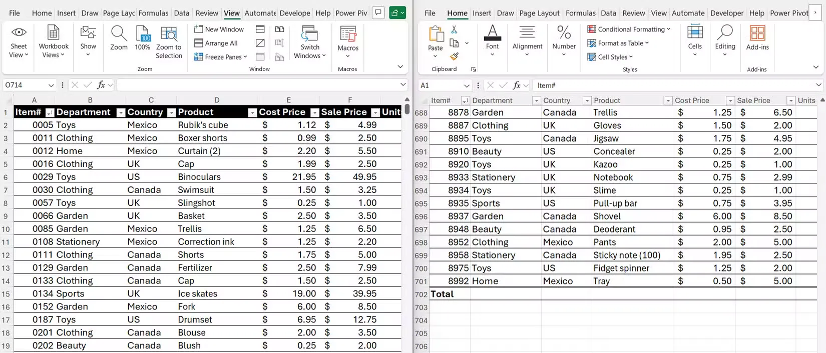06b two separate instances of the same excel workbook displayed side by side on one screen showing different data ranges within the same file for easy comparison