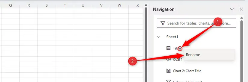 the right click menu on an item in excel s naviation pane is expanded and rename is selected