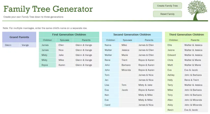 family tree generator family sheet microsoft excel