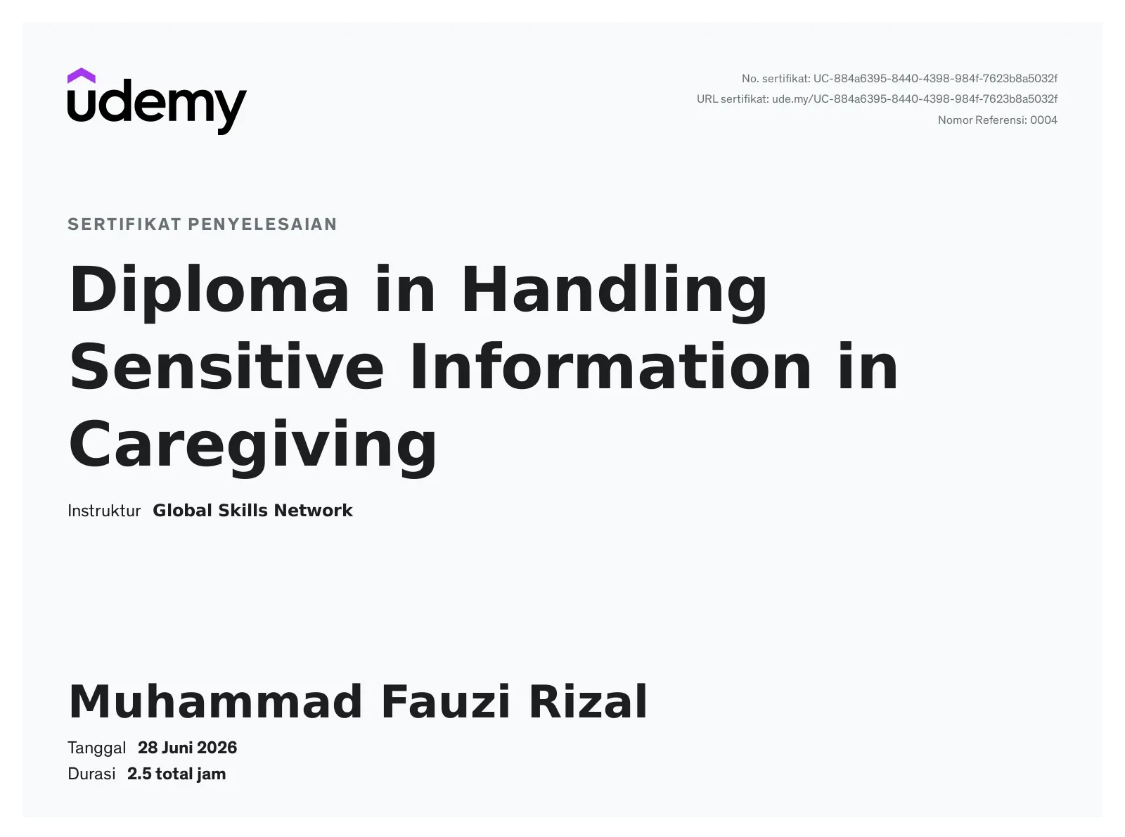Diploma in Handling sensitive information in caregiving by global skill network