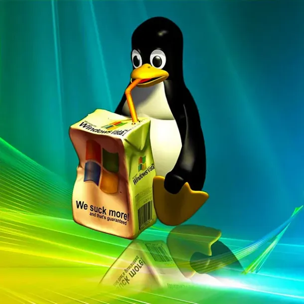 Linux (Tux) menghancurkan logo Windows