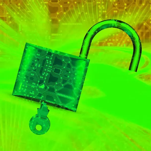 Ilustrasi gembok digital di atas pola sirkuit komputer