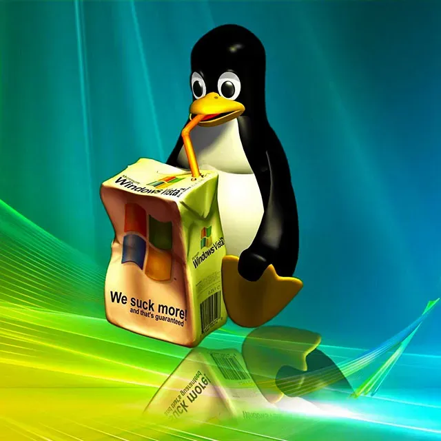 Linux (Tux) menghancurkan logo Windows